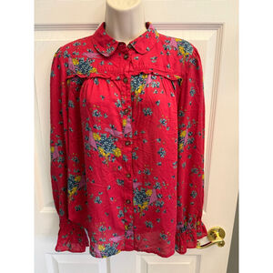 Anthropologie Maeve Fredericka button-down blouse red floral bird print size 6